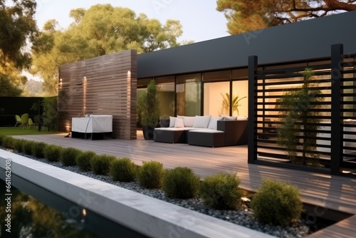 This serene outdoor home setting exudes a contemporary elegance, Merging nature with refined design.