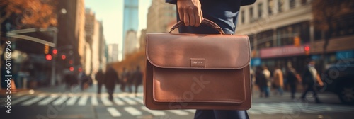 Against the cityscape, a lawyer is captured walking with his lawyer's bag photo