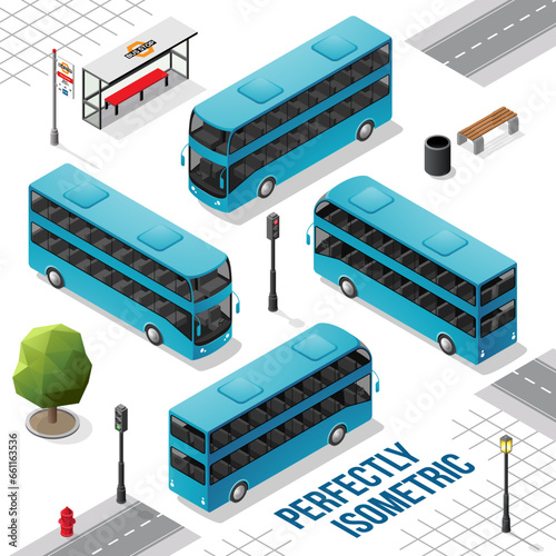Blue Double Decker Isometric Bus from the Front Back Right and Left