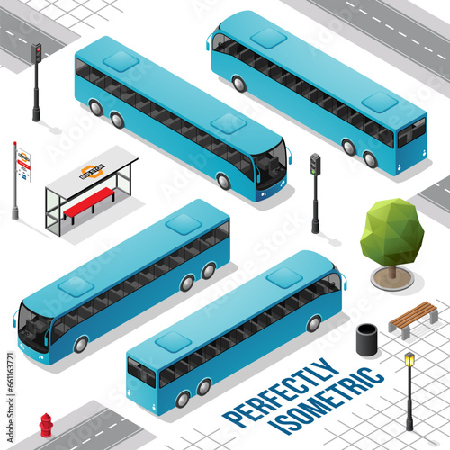 Blue Long Isometric Bus from the Front Back Right and Left