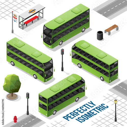 Green and Black Double Decker Isometric Bus from the Front Back Right and Left