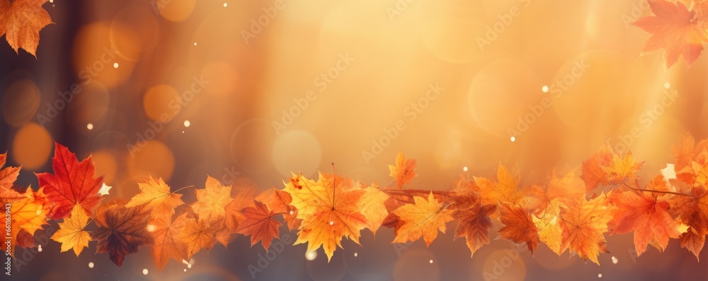 Many autumn colorful falling leaves together, with bokeh panorama banner. Generative Ai.