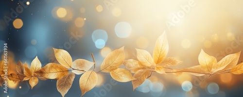 Many autumn colorful falling leaves together, with bokeh panorama banner. Generative Ai.