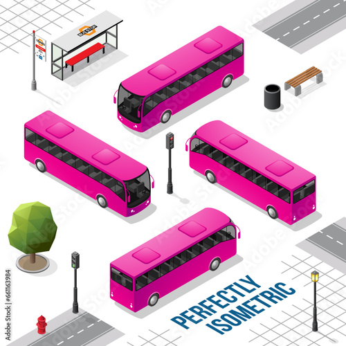 Magenta Isometric Bus from the Front Back Right and Left