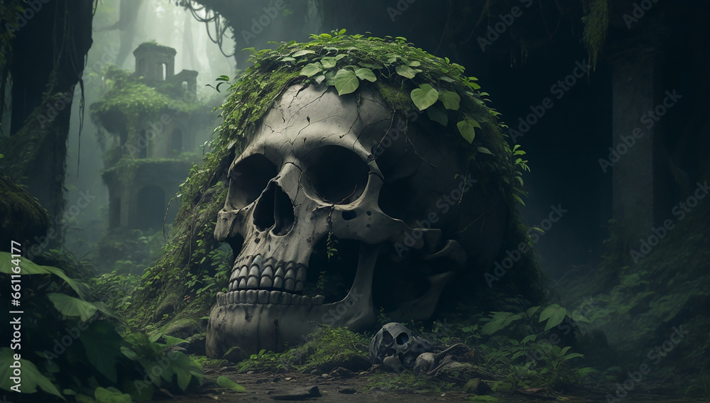 Human skull and ancient ruins in the jungle - AI Generative