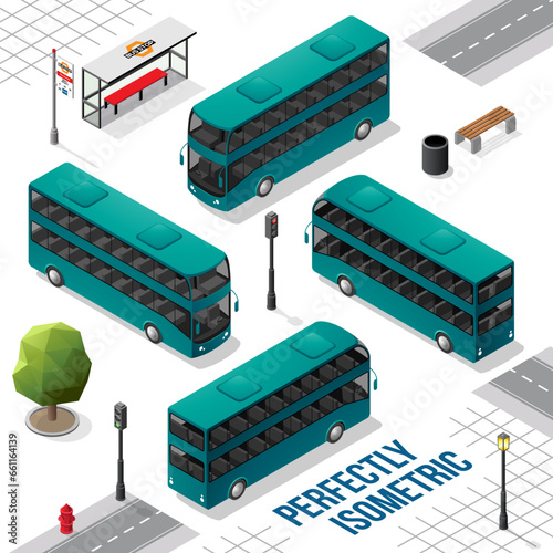 Persian Green Double Decker Isometric Bus from the Front Back Right and Left