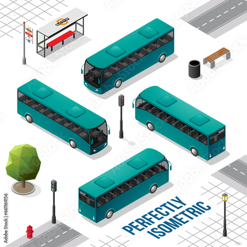 Persian Green Isometric Bus from the Front Back Right and Left