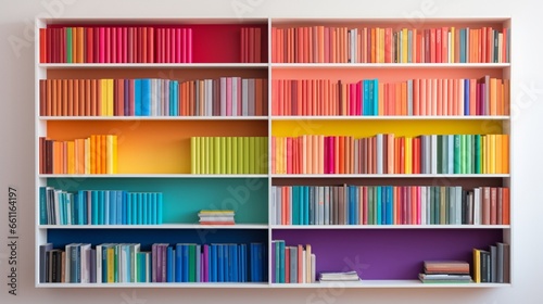 A minimalist bookshelf filled with colorful books.