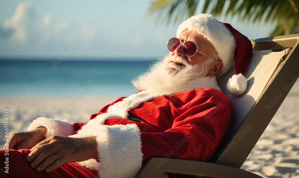 Santa Claus relaxing on tropical beach. He is lying on a sunlounger, sipping a cocktail, and enjoying the sunshine. Perfect for creating Christmas cards, posters, or other holiday themed designs. Santa Claus relaxing on tropical beach. He is lying on a sunlounger, sipping a cocktail, and enjoying the sunshine. Perfect for creating Christmas cards, posters, or other holiday themed designs.