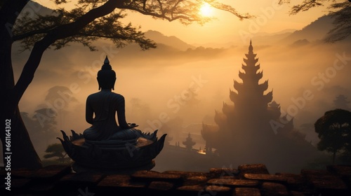 A misty sunrise over a mist-covered temple with a Buddha statue in the foreground. © Bea