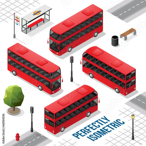 Red Double Decker Isometric Bus from the Front Back Right and Left