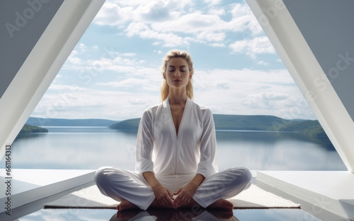 Young woman yoga indoor full length, Yoga studio on lake.