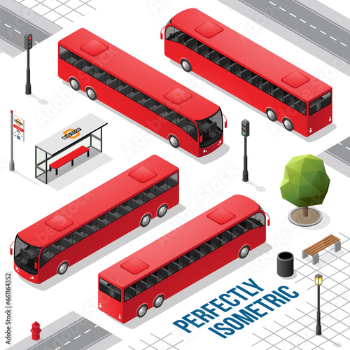 Red Long Isometric Bus from the Front Back Right and Left