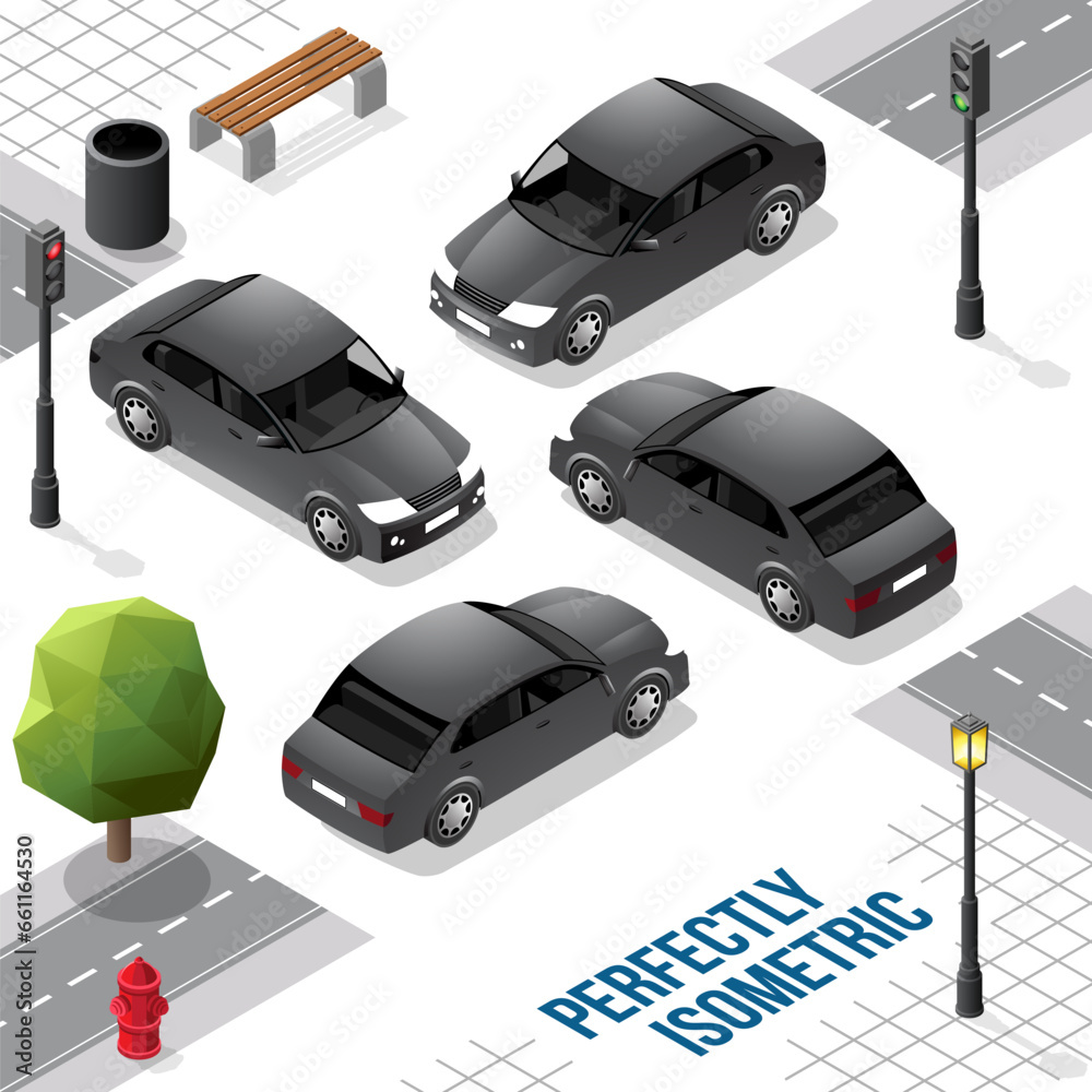 Black Isometric Long Car from Front Back Right and Left Black Isometric Long Car from Front Back Right and Left