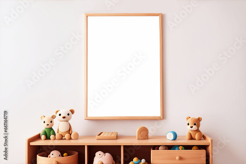 Modern interior children kids room design mockup with a large blank empty white board poster on wall and puffed toys on wooden shelf