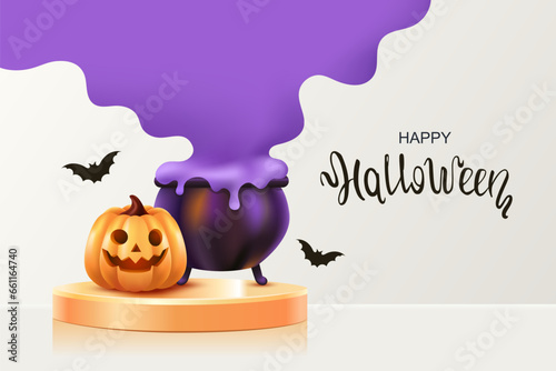 Halloween sale. A witch's cauldron with poison, bats and scary pumpkin. Monster. Festive design. 3D vector illustration. Poster template