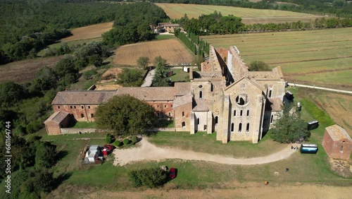 Aerial view of the Abbey of San Galgano. Ruins of an ancient Abbey in Tuscany. The Abbey is located on hills near the medieval village of Chiusdino. photo