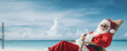 Santa Claus relaxing on tropical beach. He is lying on a sunlounger, sipping a cocktail, and enjoying the sunshine. Perfect for creating Christmas cards, posters, or other holiday themed designs.