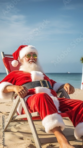 Santa Claus relaxing on tropical beach. He is lying on a sunlounger, sipping a cocktail, and enjoying the sunshine. Perfect for creating Christmas cards, posters, or other holiday themed designs.