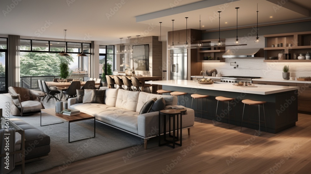 A modern and open-concept living space seamlessly connecting the kitchen, dining area, and cozy lounge, perfect for entertaining.