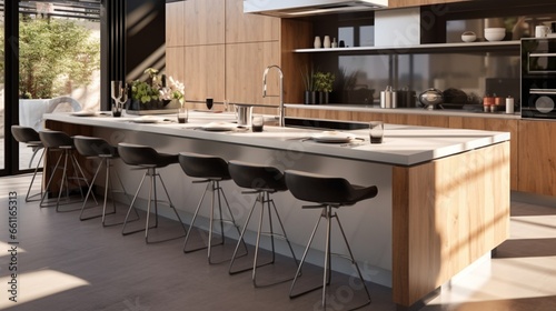A modern kitchen island with a built-in sink and bar stools.