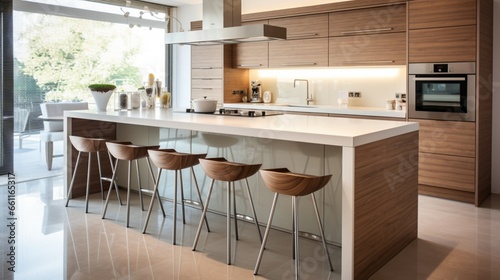 A modern kitchen island with a built-in sink and bar stools.