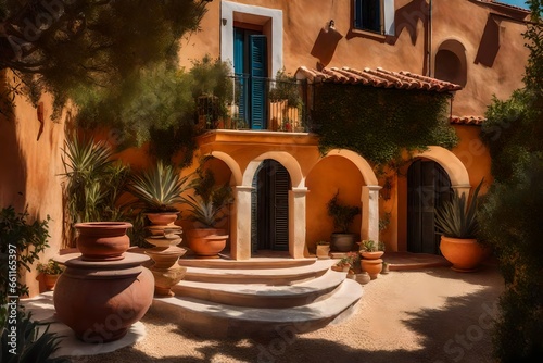Mediterranean villa with terracotta roof tiles and a courtyard - AI Generative © Being Imaginative