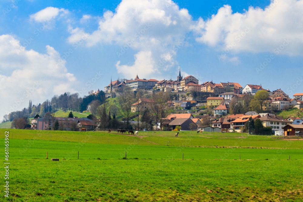 Obraz premium View of old Swiss town Romont, built on a rock prominence, in Freibourg canton, Switzerland