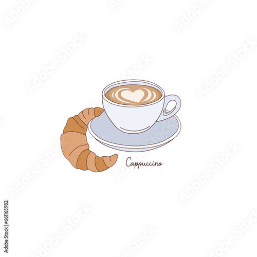 Morning cup of capuccino with latte art heart and croissant vector illustration isolated on white. Groovy coffee print.