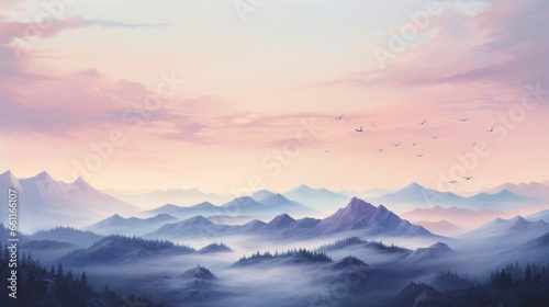 A mountain range at dawn with pastel pinks, blues, and lavenders. © Bea