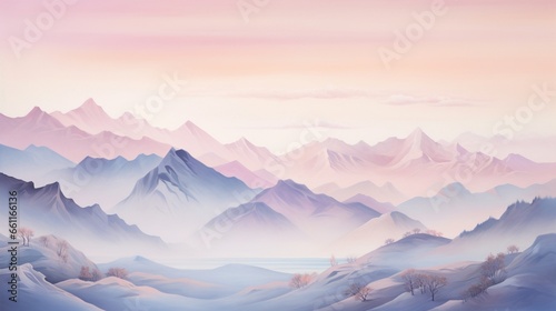 A mountain range at dawn with pastel pinks, blues, and lavenders.