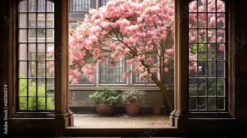 A mullioned window framing a courtyard with a flowering tree. photo