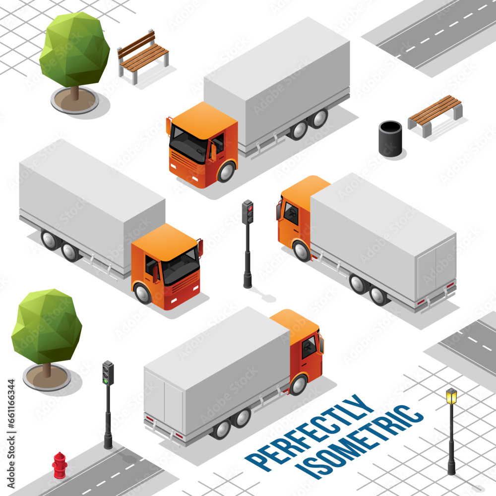 Orange Isometric Big Truck from the Front Back Right and Left Views