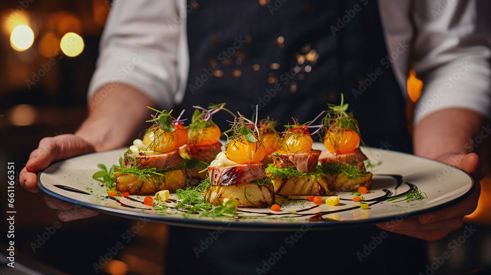 waiter serves lovingly prepared food with meat on plate