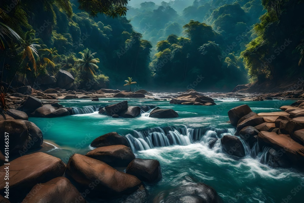 Obraz premium Panorama of the mountain river in the jungle - AI Generative