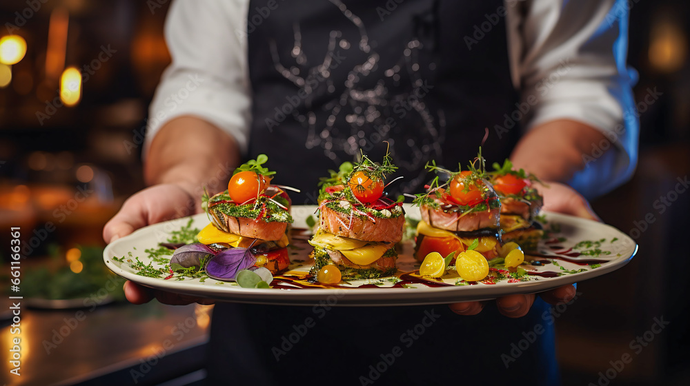 waiter serves lovingly prepared food with meat on plate waiter serves lovingly prepared food with meat on plate