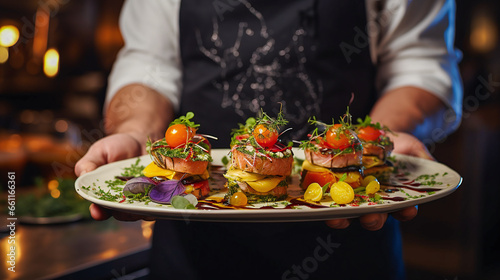 waiter serves lovingly prepared food with meat on plate