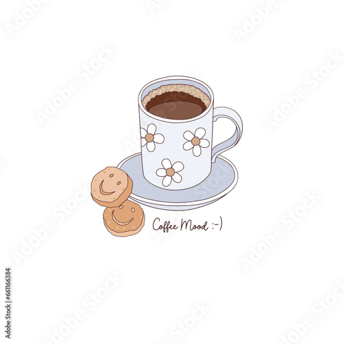 Morning cup of black coffee with smiley cookies vector illustration isolated on white. Coffee mood phrase. Groovy coffee print.