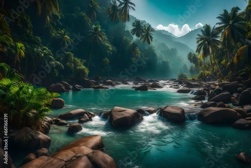 Panorama of the mountain river in the jungle - AI Generative © Being Imaginative