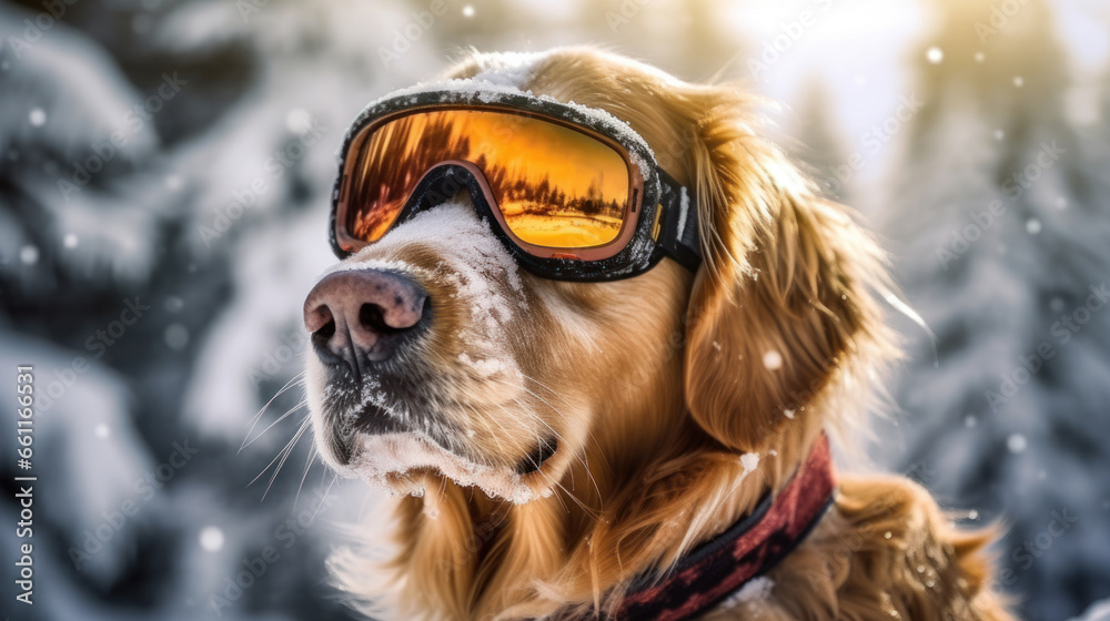Portrait of cute golden retriever wearing in ski goggles in the sunny day on the snowy winter forest blurred background