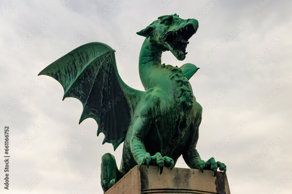 Sculpture of dragon on Dragon bridge in Ljubljana, Slovenia