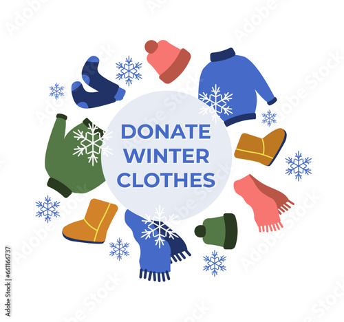 Winter clothes donation.Vector illustration in flat style