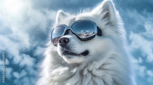 Portrait of cute samoyed wearing in ski goggles in the sunny day on the blue sky blurred background