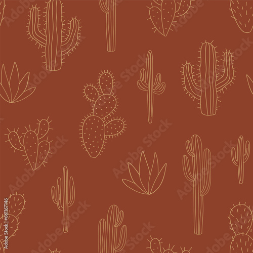 Western desert wild spiny plant cactus line art vector seamless pattern. Groovy wild west botanical background.