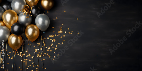 Luxurious balloons and golden confetti to celebrate, space for text