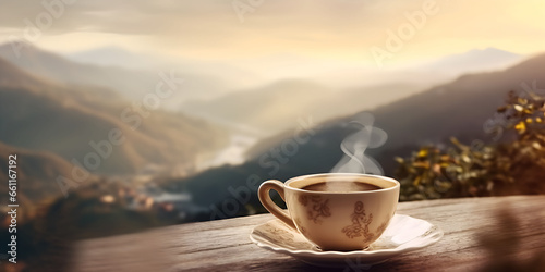 Cup of hot coffee on table, blurred mountains landscape background