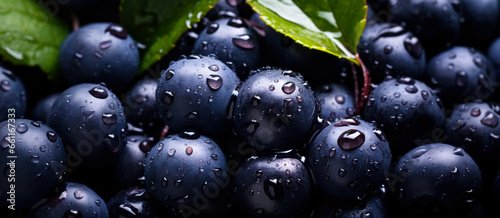 Fresh acai berry fruits, with water drops over it, closeup macro detail. Generative AI photo