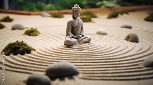 A peaceful Zen garden with a stone Buddha statue surrounded by sand patterns. photo