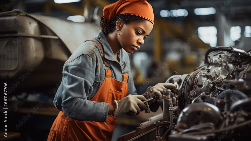 Afro American woman working on car assembly line in factory. Car mechanic specialist. Generative AI