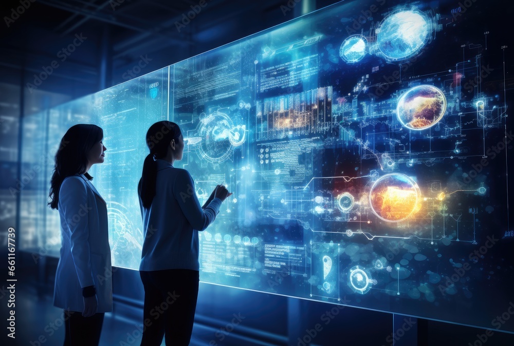 Two business women looking at data in a virtual dashboard screen. Business intelligence analyst dashboard on virtual screen. Generative AI Two business women looking at data in a virtual dashboard screen. Business intelligence analyst dashboard on virtual screen. Generative AI